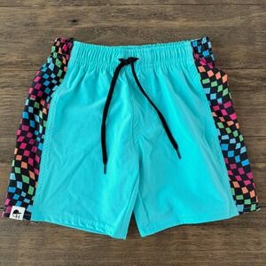 George Hats Kids Hybrid Swim Shorts Turquoise Neon Checkerboard UPF 50+ Size 6-7